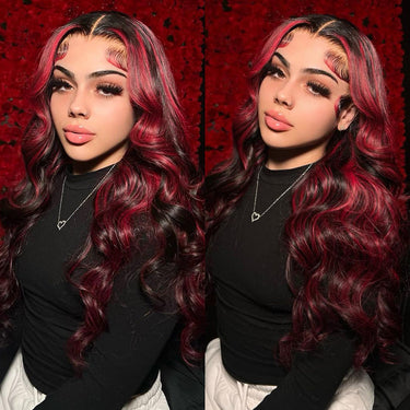 Megalook Bogo Free New Dark Burgundy With Rose Red Highlights 13x4 Lace Front Hand Curls Wig