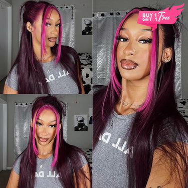 Megalook Bogo Free 13x4 Lace Front Side Part Highlight Money Piece Pink Purple Human Hair Wig HD Transparent Lace Straight Wig