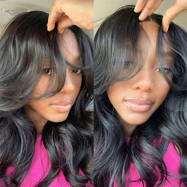 Medium Length Body Wave Pre-Bleached Knots 99J Burgundy/#4 Chocolate Brown/Highlight Piano Pre-cut Glueless Lace 5x5 Closure Wigs With Curtain Bangs Human Layered Hair Wigs