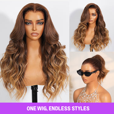 Megalook Airtouch Balayage 13x6 Three-Go™ Glueless Lace Frontal Pull Go Wigs Brown to Honey Blonde Ombre Body Wave Pre-All Wigs