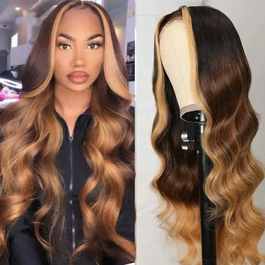 Pre Cut 6x5 Lace Closure Body Wave 13x4 HD Lace Human Hair Wigs Blonde Highlight #T1B/4/27 Three Tone Color Wig