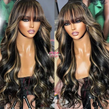 Balayage Highlights on Black Wig With Bangs Body Wave High Quality Human Hair Wigs