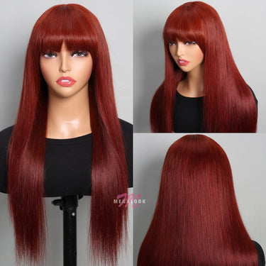 {Super Sale} Megalook 3x2 Lace Closure 28 Inch #33 Straight Wigs With Bangs Wear Go 100% Human Hair