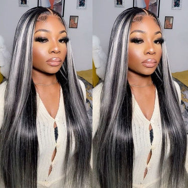 Megalook Platinum Blonde Highlights Human Hair 13x4 Lace Front Wigs Long Body Wave/Straight Black Wig with Blonde Highlights