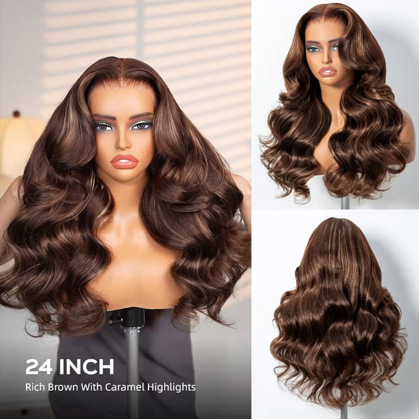  Chocolate Brown Body Wave 6x5 Glueless Wigs With Honey Blonde Highlights 24Inch &autoplay