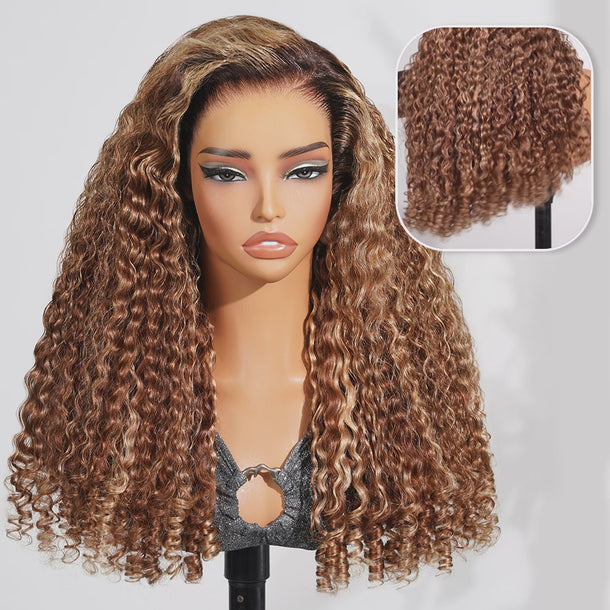Curly Honey Blonde Highlight Glueless Wig With Finger Coil Ends Video &autoplay