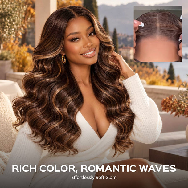  Chocolate Brown Body Wave 6x5 Glueless Wigs With Honey Blonde Highlights Romantic Waves &autoplay