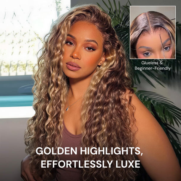 P427 Honey Blonde Highlights On Brown Water Wave Glueless 13x6 Glueless Wig &autoplay