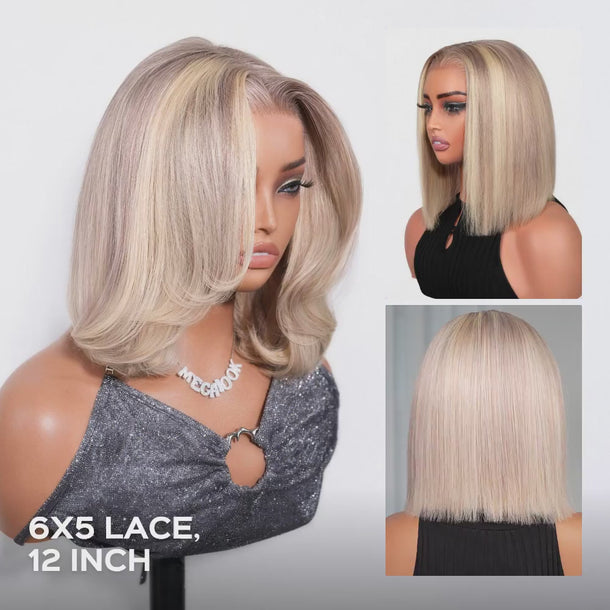 10/613 Blonde Highlight 6x5 Bob Glueless Wig 12Inch &autoplay
