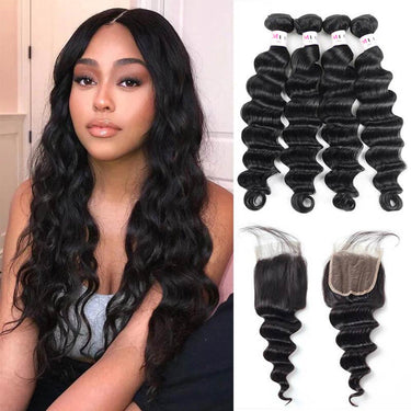 Megalook 12A Virgin Brazilian Hair Loose Deep Wave Hair 4 Bundles with 4x4 Transparent Lace Closure