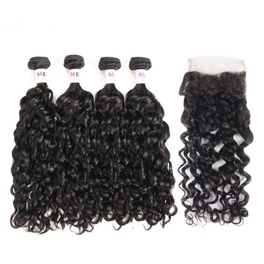 Megalook 12A Virgin Brazilian Hair Water Wave Hair 4 Bundles with 4x4 Transparent Lace Closure