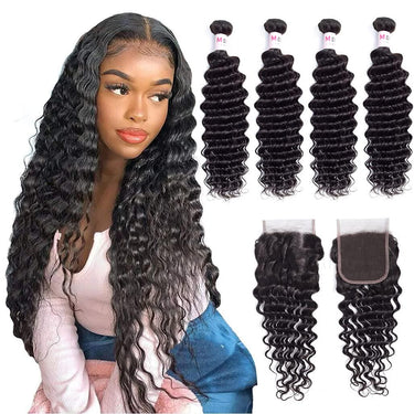 Megalook Deep Wave Hair 4 Bundles With 4x4 Transparent Lace Closure 12A Virgin Brazilian Hair