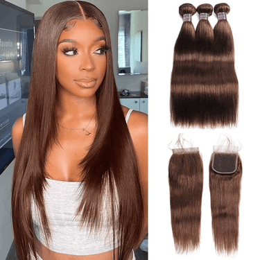 Megalook Dark Brown #4 Color 12A 3Bundles With Free Part 4x4 Human Hair Lace Closure Free Shipping