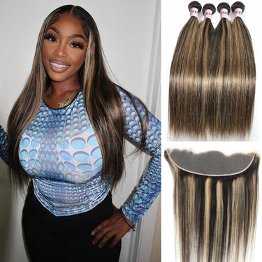 Highlight Balayage Ombre Bundles With 13x4 Lace Frontal Closure 3/4Bundles Virgin Human Hair Bundles Deal